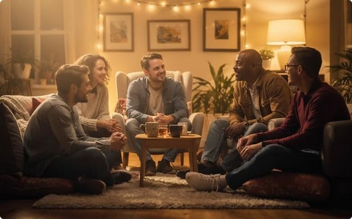 En lille gruppe sidder i en cirkel og taler sammen